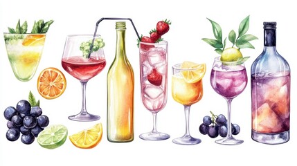 Fototapeta premium Watercolor illustration of various alcoholic beverages, including wine, cocktails, and spirits, with fresh fruits and garnishes.