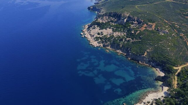 Breathtaking Aerial View of Foca Coastline Embracing Turquoise Aegean Sea in Izmir, Turkiye