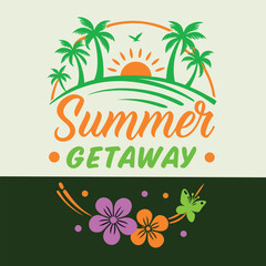 Obraz premium Tropical Summer Getaway Design with Palm Trees and Floral Decoration