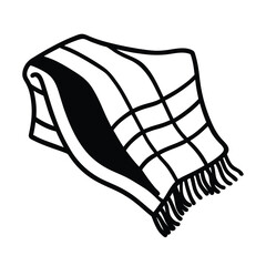 Folded plaid blanket with tassels black and white illustration graphic element