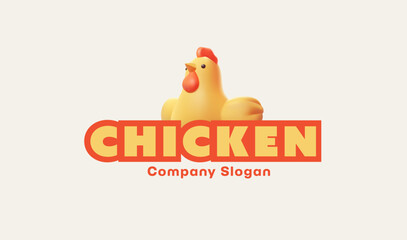 Chicken, 3D modern logo. Domestic chicken character and text with slogan. For farm, poultry farming, and packaging concepts. Vector illustration.
