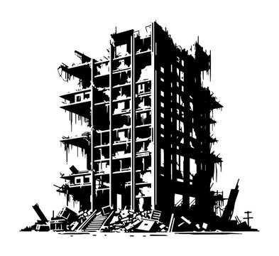 abandoned ruined building in post-apocalyptic style sketch vector