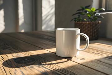 A clean and minimalist mockup of a white ceramic coffee mug sitting on a natural wood surface with soft, diffused sunlight casting subtle shadows