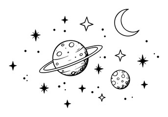 cute space scene with ringed planet, stars and moon sketch vector © Mago