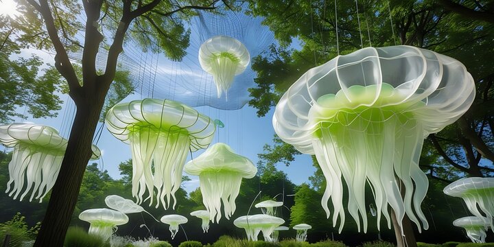 Ethereal jellyfish-like sculptures, Translucent organic forms, Outdoor art installation, Floating mesh structures, Delicate wire netting, Biomorphic shapes, Whimsical garden art, Cloudlike suspended s