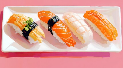 Colorful sushi platter showcasing various fish nigiri.