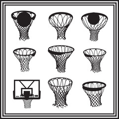 Basketball Hoop Silhouette Clipart Bundle – Net and Backboard Vector Set for Sports Designs