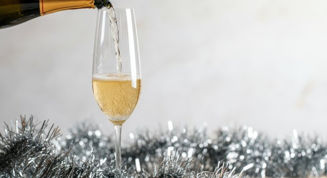 Sparkling champagne pouring into flute with tinsel decoration - Powered by Adobe