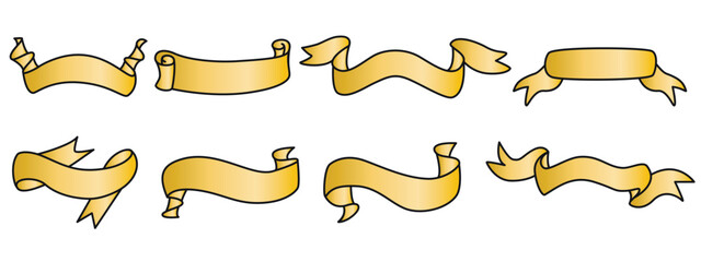Gold ribbons and badges set. Holiday banner, streamer, scroll, vector elements