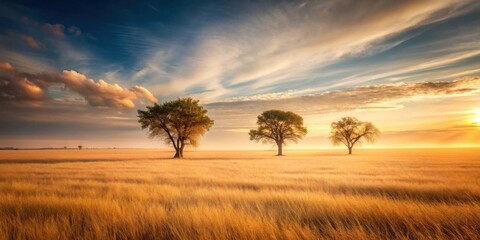 Golden Hour Serenity Three Trees Silhouetted Against a Vibrant Sunset Over a Vast Field of Tall Grass