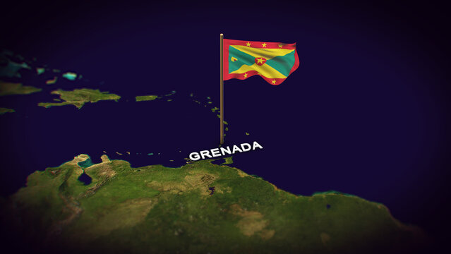 The Flag of Grenada on the World Map, Grenada map with flag 3d animation