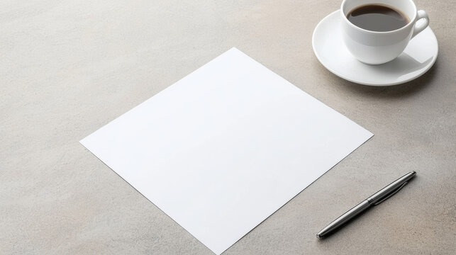 Blank paper on textured surface with cup of coffee and silver pen, creating calm and inviting workspace atmosphere