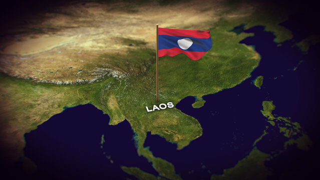 The Flag of Laos on the World Map, Laos map with flag 3d animation