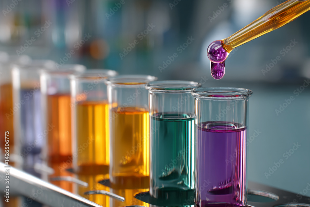 Poster close-up of colorful liquids in test tubes, a pipette adding more liquid, showcasing scientific rese