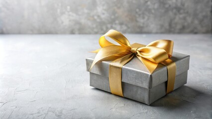 A gray gift box adorned with a luxurious gold ribbon bow sits on a textured surface
