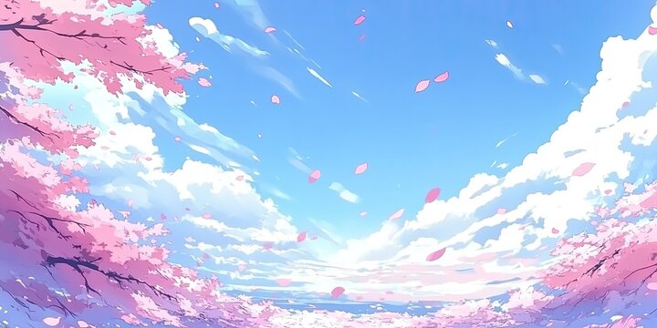 Fototapeta Pink cherry blossoms falling against a bright blue sky, fluffy clouds drift peacefully.  A serene springtime scene