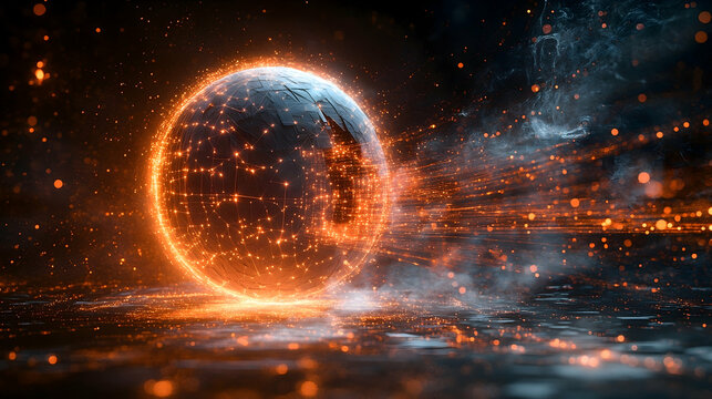 A glowing orb emits light trails creating an intense and ethereal atmosphere against a dark backdrop