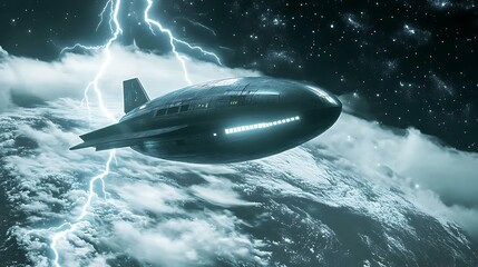 Obraz premium Futuristic spacecraft flies through a stormy atmosphere above a planet.