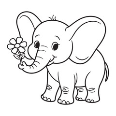 Baby Elephant Holding Flower Vector Icon, Cute Animal, Childhood, Nature