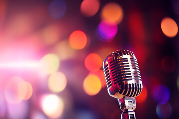 close-up of a chrome-plated vintage microphone on blurred bokeh lights background with copy space for text