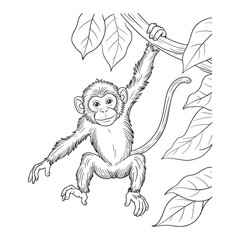 Playful Monkey Hanging from Tree Branch - Wild Animal Illustration