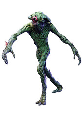 3D Rendering Green Alien on White