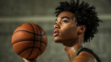 A young, sweaty basketball player looks upward, focused and determined, ready to shoot.