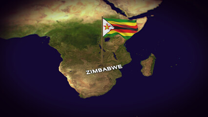 The Flag of Zimbabwe on the World Map, Zimbabwe map with flag 3d animation