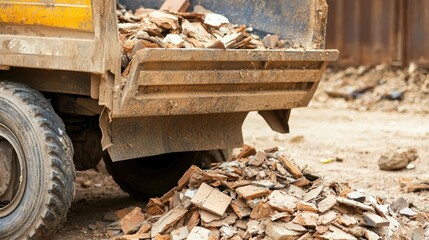 Construction waste disposal concept with broken building materials being collected for removal