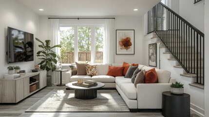 Modern open-concept living room with a view, cozy seating area, and stairs