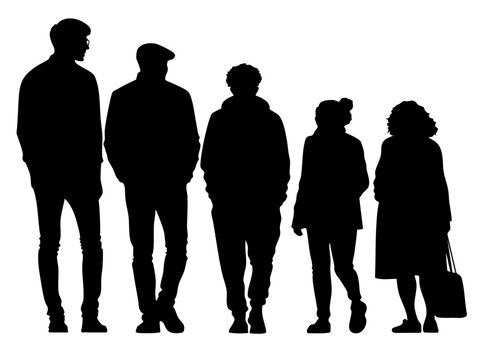 A diverse group of five silhouettes, representing unity and diversity in urban life.
