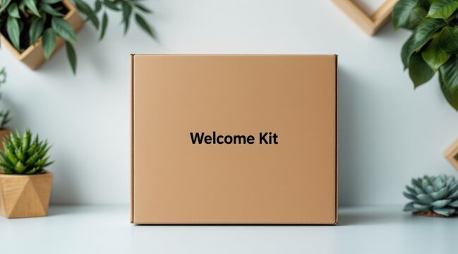 A stylish welcome kit box displayed with decorative plants, featuring a clear "Welcome Kit" label.