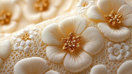 Exquisite Creamy Floral Embroidery with Golden Details on Delica