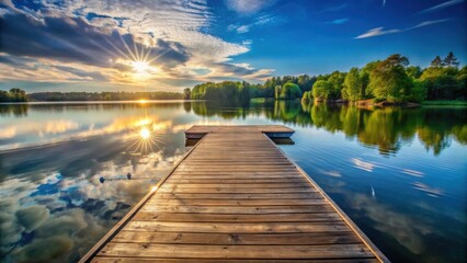 Serene Sunset Over Calm Lake with Wooden Dock