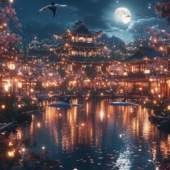 Fototapeta premium Enchanting Japanese Pagoda with Night Illumination and Pond Reflection