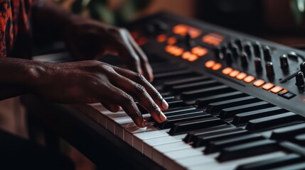 Hands playing the keys of a piano, with fingers pressing down on white and black keys 