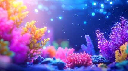 Fototapeta premium Vibrant Deep Sea Coral Reef with Colorful Pink Purple and Yellow Corals Under Sparkling Blue Water with an Ethereal Glow