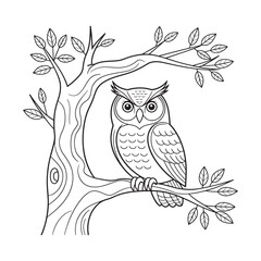 Wise Owl Sitting on Tree Branch - Woodland Animal Illustration