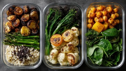 Three healthy, balanced, meal prep containers.