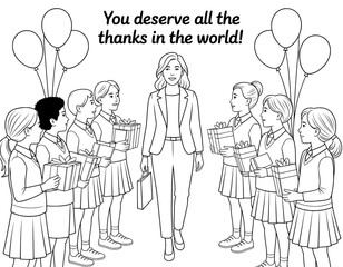 A black and white illustration of a teacher surrounded by children in school uniforms, each holding a gift