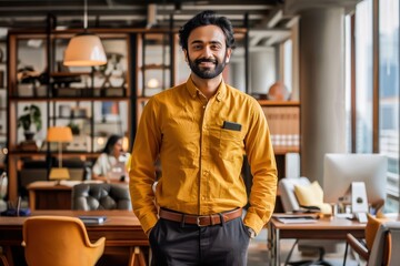 Confident businessman smiling in a modern office, embodying professionalism and success in a contemporary workspace setting.