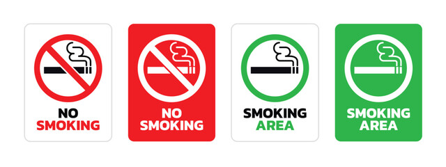 No smoking and smoking area concept with sign vector set, stop sign, text and cigarette. Sign for public, flat vector isolated on white background.