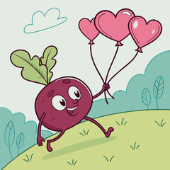Beet skipping with heart-shaped balloons Playful Vegetable Vector Design