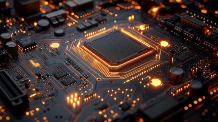 Close-up of a glowing computer circuit board with central processor