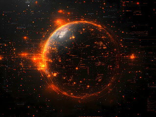 Fototapeta premium A glowing network planet with circuits and bright orange dots on a dark textured background