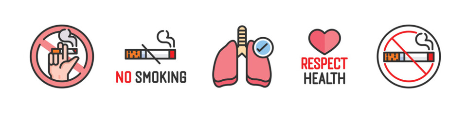 No smoking icon set with stop sign, text, lungs, cigarette and tobacco. Editable stroke and flat vector isolated on white background.