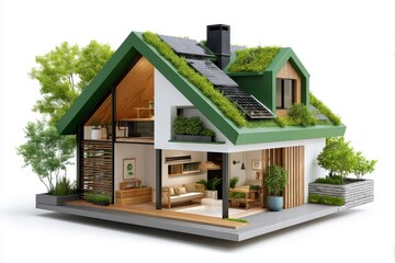 Eco-Friendly Building with Green Roof and Solar Panels in Modern Design