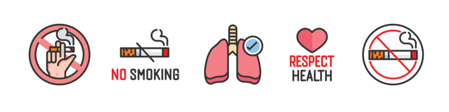 No smoking icon set with stop sign, text, lungs, cigarette and tobacco. Editable stroke and flat vector isolated on white background.