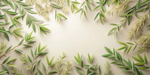 Naklejka premium A serene arrangement of various green foliage, creating a natural frame for text or design elements.