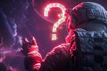 An astronaut in space gesturing towards a glowing question mark, symbolizing cosmic exploration and curiosity in the universe.
